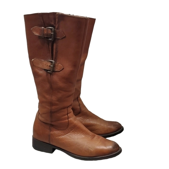 Clarks Women Tamro Spice Tan Leather Tall Riding Moto boots shoes sz 9M - Picture 1 of 14